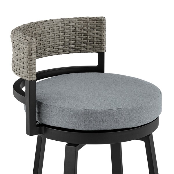 Armen Living Encinitas Outdoor Patio Counter Height Swivel Bar Stool in Aluminum and Wicker with Gray Cushions - LCECBAGR26