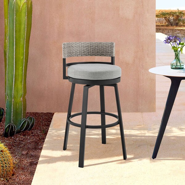 Armen Living Encinitas Outdoor Patio Counter Height Swivel Bar Stool in Aluminum and Wicker with Gray Cushions - LCECBAGR26
