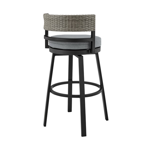 Armen Living Encinitas Outdoor Patio Counter Height Swivel Bar Stool in Aluminum and Wicker with Gray Cushions - LCECBAGR26