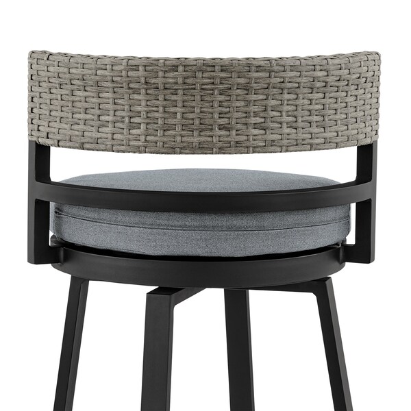 Armen Living Encinitas Outdoor Patio Counter Height Swivel Bar Stool in Aluminum and Wicker with Gray Cushions - LCECBAGR26