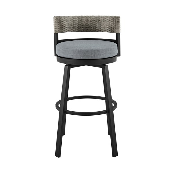 Armen Living Encinitas Outdoor Patio Counter Height Swivel Bar Stool in Aluminum and Wicker with Gray Cushions - LCECBAGR26