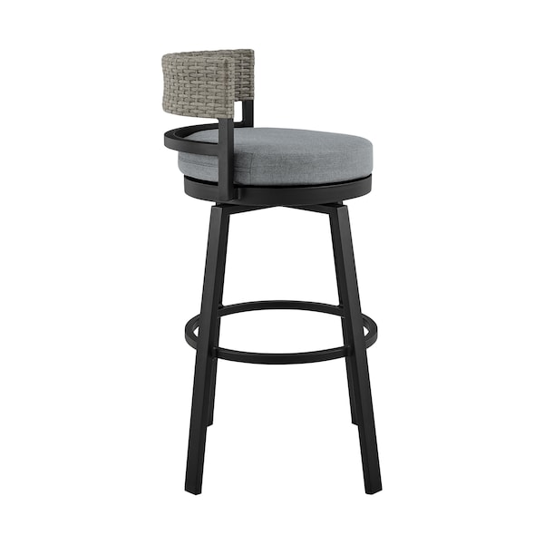 Armen Living Encinitas Outdoor Patio Counter Height Swivel Bar Stool in Aluminum and Wicker with Gray Cushions - LCECBAGR26