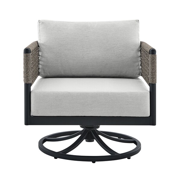 Armen Living Felicia Outdoor Patio Swivel Rocking Chair in Black Aluminum and Gray Rope with Cushions - 840254332522