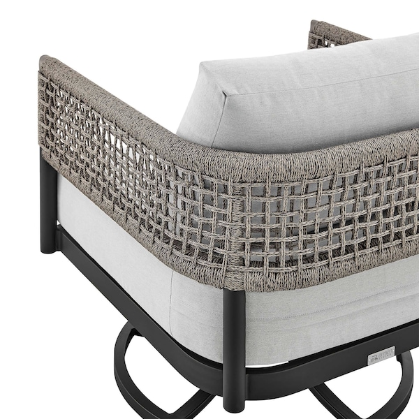 Armen Living Felicia Outdoor Patio Swivel Rocking Chair in Black Aluminum and Gray Rope with Cushions - 840254332522