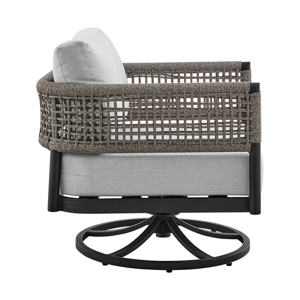 Armen Living Felicia Outdoor Patio Swivel Rocking Chair in Black Aluminum and Gray Rope with Cushions - 840254332522