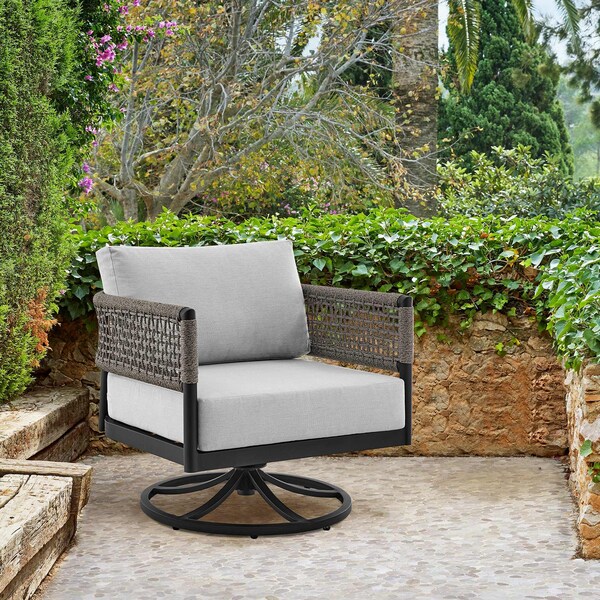 Armen Living Felicia Outdoor Patio Swivel Rocking Chair in Black Aluminum and Gray Rope with Cushions - 840254332522