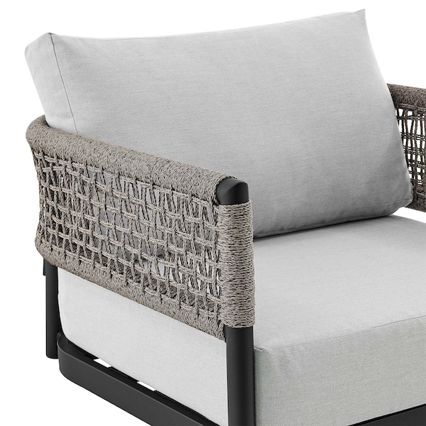 Armen Living Felicia Outdoor Patio Swivel Rocking Chair in Black Aluminum and Gray Rope with Cushions - 840254332522