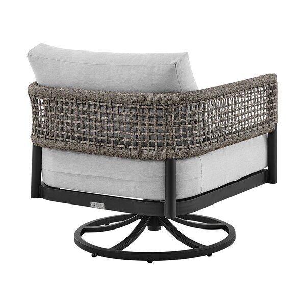 Armen Living Felicia Outdoor Patio Swivel Rocking Chair in Black Aluminum and Gray Rope with Cushions - 840254332522