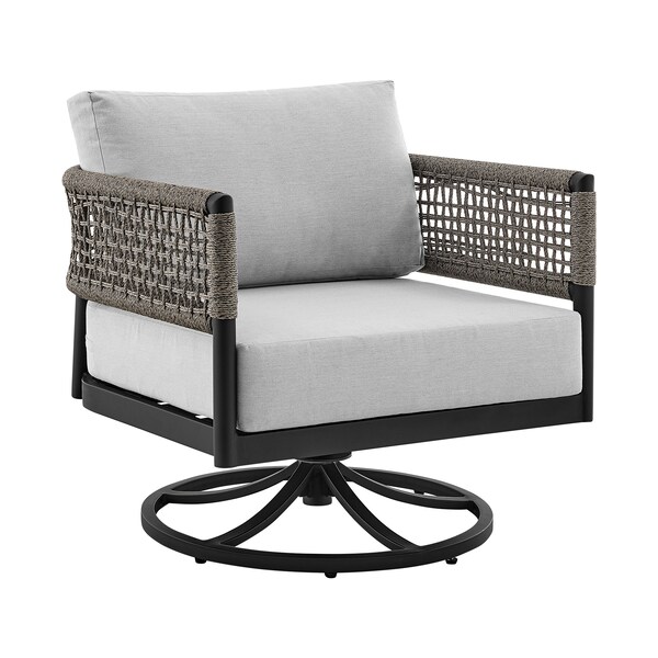 Armen Living Felicia Outdoor Patio Swivel Rocking Chair in Black Aluminum and Gray Rope with Cushions - 840254332522