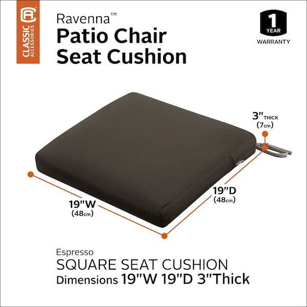 Classic Accessories Ravenna Seat Cushion, Espresso, 19"x19"x3" - 62-008-ESPRES-EC