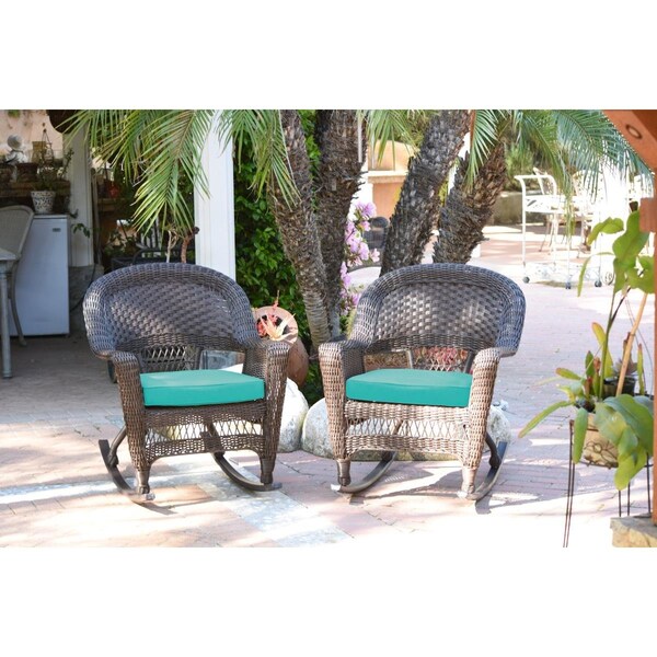 Jeco W00201R-A-2-FS032 Espresso Rocker Wicker Chair with Turquoise Cushion, 2PK - W00201R-A_2-FS032