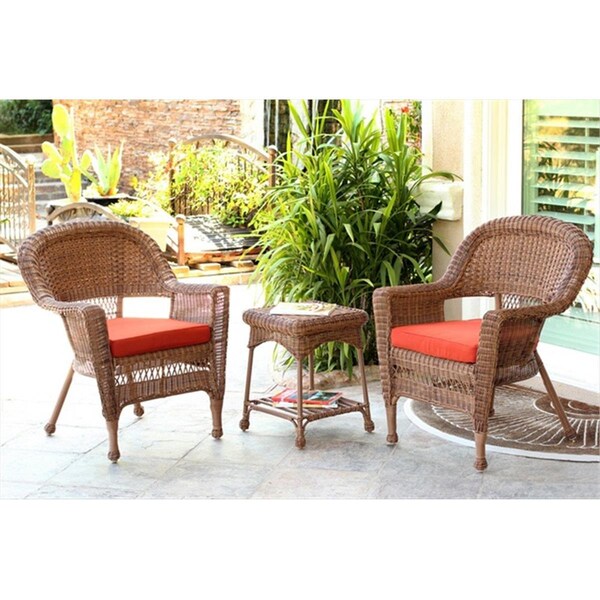Jeco 3 Piece Honey Wicker Chair And End Table Set With Red Orange Chair Cushion - W00205_2-CES018