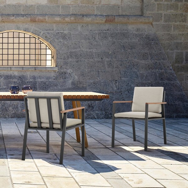 Armen Living Nofi Outdoor Patio Dining Chair in Charcoal Finish with Taupe Cushions and Teak Wood Accent Arms - LCNOCHBE