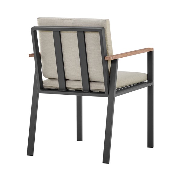 Armen Living Nofi Outdoor Patio Dining Chair in Charcoal Finish with Taupe Cushions and Teak Wood Accent Arms - LCNOCHBE