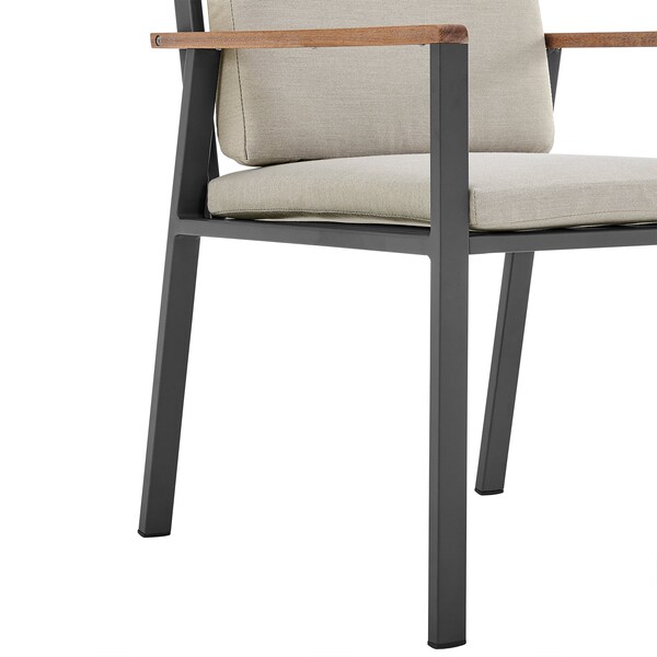 Armen Living Nofi Outdoor Patio Dining Chair in Charcoal Finish with Taupe Cushions and Teak Wood Accent Arms - LCNOCHBE