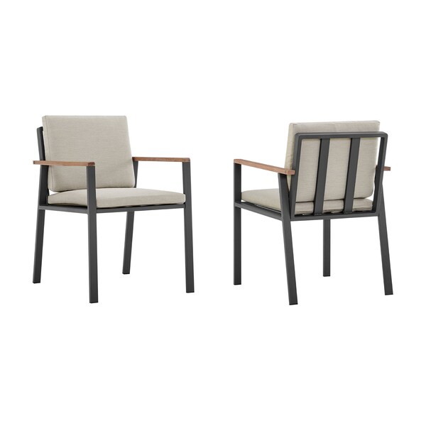 Armen Living Nofi Outdoor Patio Dining Chair in Charcoal Finish with Taupe Cushions and Teak Wood Accent Arms - LCNOCHBE
