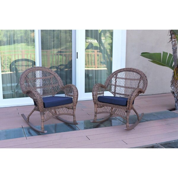 Jeco W00210-R-2-FS011 Santa Maria Honey Wicker Rocker Chair with Blue Cushion, 2PK - W00210-R_2-FS011