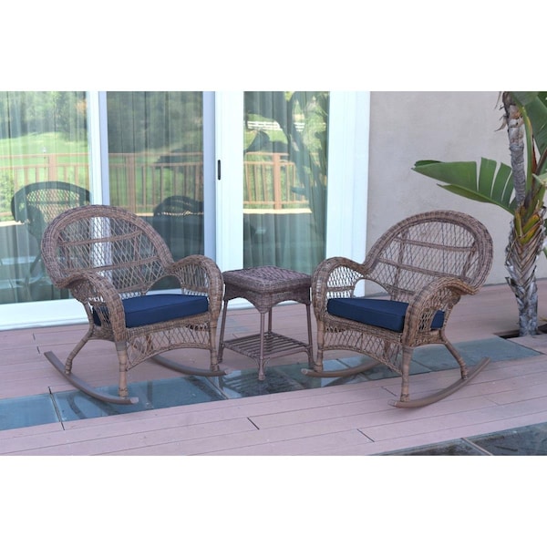 Propation W00210-2-RCES011 3 Piece Santa Maria Honey Rocker Wicker Chair Set; Blue Cushion - PR1081402