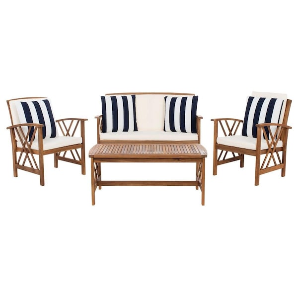 Safavieh Fontana 4 Piece Outdoor Set, Natural, Beige & Navy - White - PAT7008G