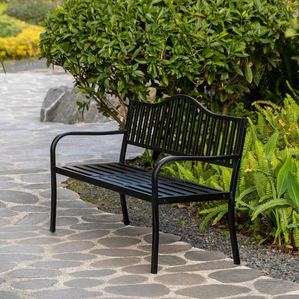 Gardenised Outdoor Powder Coated Steel Park Bench, Garden Bench with Pop Up Middle Table, Lawn Decor Seating Bench for Yard, Patio, Garden, Balcony, and Deck - QI003461L