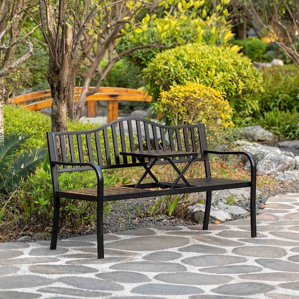 Gardenised Outdoor Powder Coated Steel Park Bench, Garden Bench with Pop Up Middle Table, Lawn Decor Seating Bench for Yard, Patio, Garden, Balcony, and Deck - QI003461L
