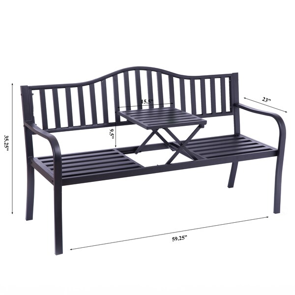 Gardenised Outdoor Powder Coated Steel Park Bench, Garden Bench with Pop Up Middle Table, Lawn Decor Seating Bench for Yard, Patio, Garden, Balcony, and Deck - QI003461L
