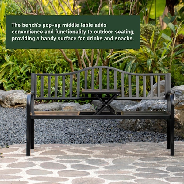 Gardenised Outdoor Powder Coated Steel Park Bench, Garden Bench with Pop Up Middle Table, Lawn Decor Seating Bench for Yard, Patio, Garden, Balcony, and Deck - QI003461L