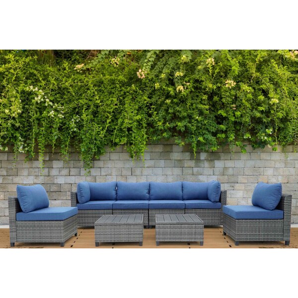 Deko Living Outdoor Sectional Wicker Sofa, Chairs and Table, 8 Pieces, Gray w/Blue and Gray Cushion Covers - COP30111