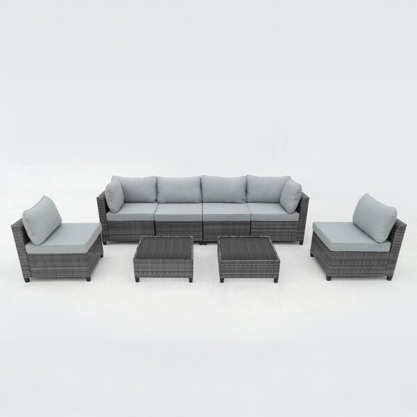 Deko Living Outdoor Sectional Wicker Sofa, Chairs and Table, 8 Pieces, Gray w/Blue and Gray Cushion Covers - COP30111