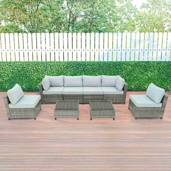 Deko Living Outdoor Sectional Wicker Sofa, Chairs and Table, 8 Pieces, Gray w/Blue and Gray Cushion Covers - COP30111