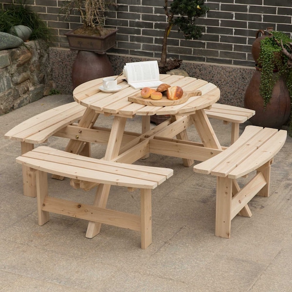 Gardenised Outdoor Round Picnic Table with Bench, 8-Person, Natural Wood - QI003903.N