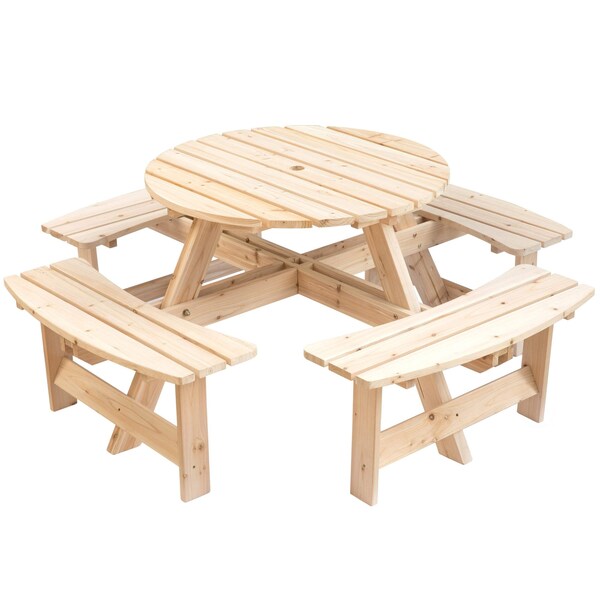 Gardenised Outdoor Round Picnic Table with Bench, 8-Person, Natural Wood - QI003903.N
