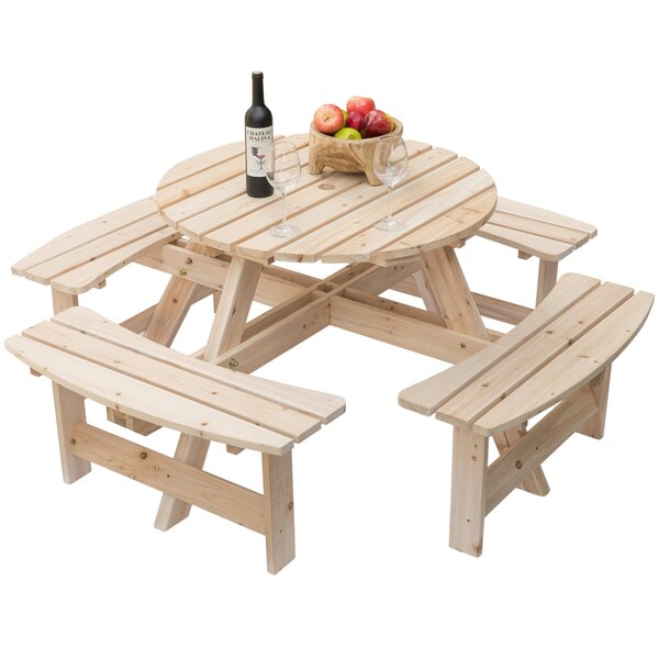 Gardenised Outdoor Round Picnic Table with Bench, 8-Person, Natural Wood - QI003903.N