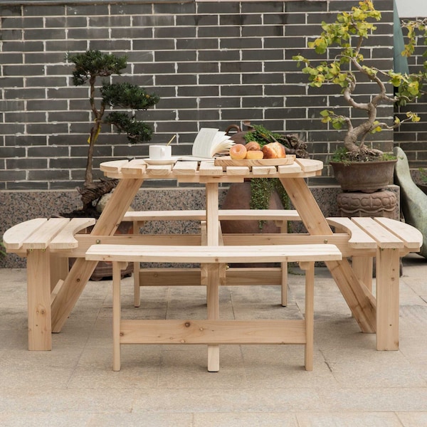 Gardenised Outdoor Round Picnic Table with Bench, 8-Person, Natural Wood - QI003903.N