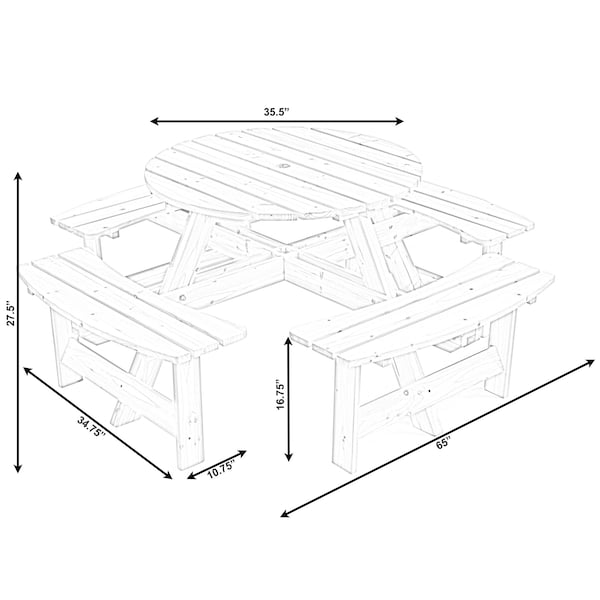Gardenised Outdoor Round Picnic Table with Bench, 8-Person, Natural Wood - QI003903.N