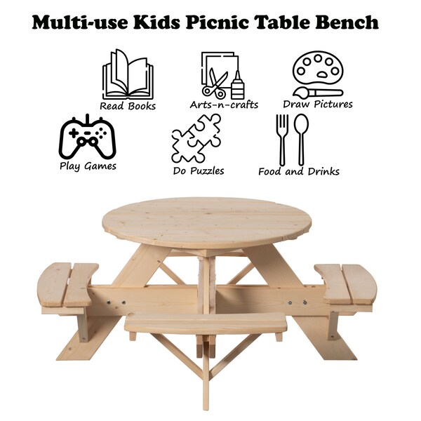Gardenised Round Kids Picnic Table, Natural, Chinese Fir Wood, 19.75 in H Overall - QI004616
