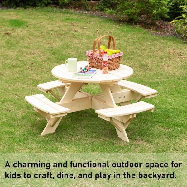 Gardenised Round Kids Picnic Table, Natural, Chinese Fir Wood, 19.75 in H Overall - QI004616