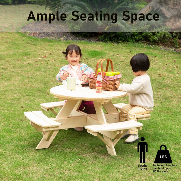 Gardenised Round Kids Picnic Table, Natural, Chinese Fir Wood, 19.75 in H Overall - QI004616