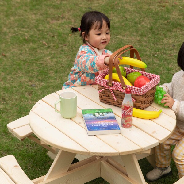 Gardenised Round Kids Picnic Table, Natural, Chinese Fir Wood, 19.75 in H Overall - QI004616