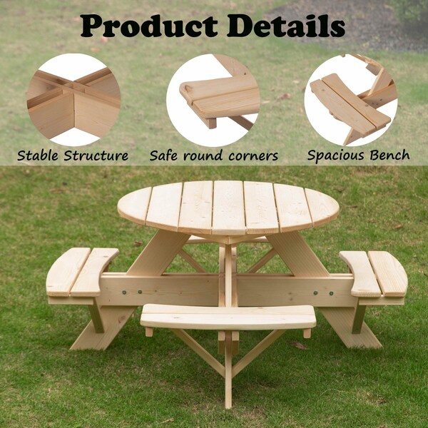 Gardenised Round Kids Picnic Table, Natural, Chinese Fir Wood, 19.75 in H Overall - QI004616