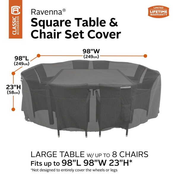 Classic Accessories Ravenna Large Square Table/Chair Set Cover, Grey, 100"x100" - 55-194-015101-EC
