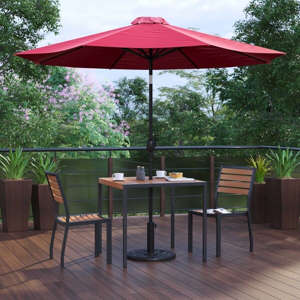 Flash Furniture Faux Teak 35" Table-Red Umbrella-Base-2 Chairs - XU-DG-810060362-UB19BRD-GG