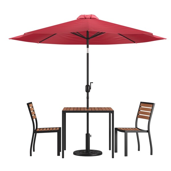 Flash Furniture Faux Teak 35" Table-Red Umbrella-Base-2 Chairs - XU-DG-810060362-UB19BRD-GG