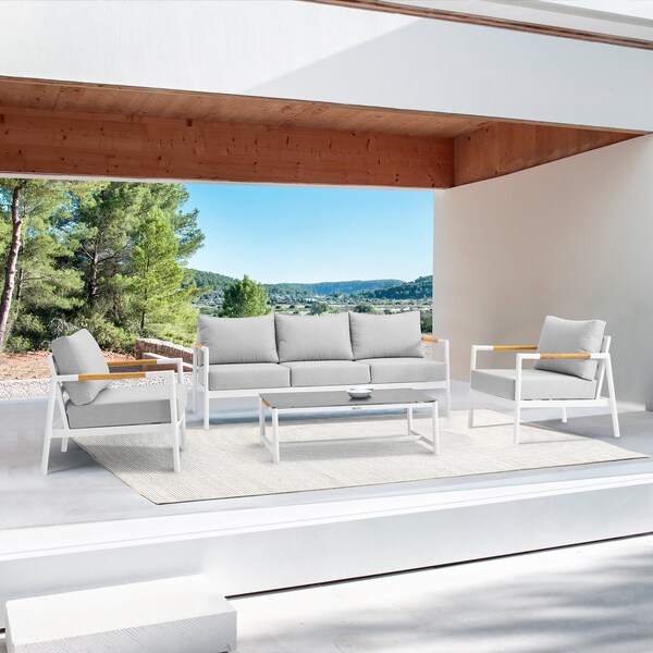 Armen Living Royal 4 Piece White Aluminum and Teak Outdoor Seating Set with Light Gray Cushions - 840254332874