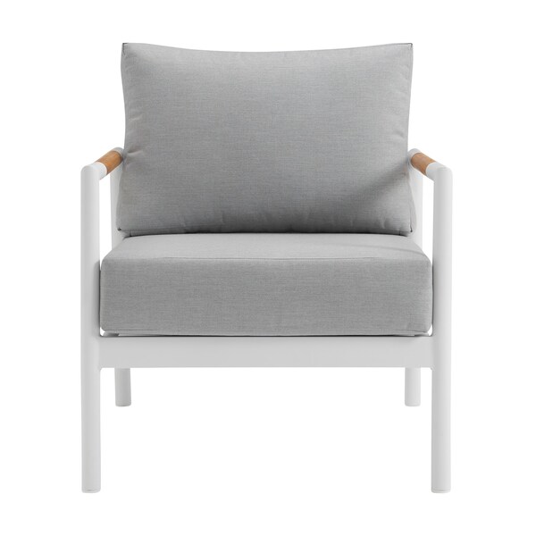 Armen Living Royal 4 Piece White Aluminum and Teak Outdoor Seating Set with Light Gray Cushions - 840254332874