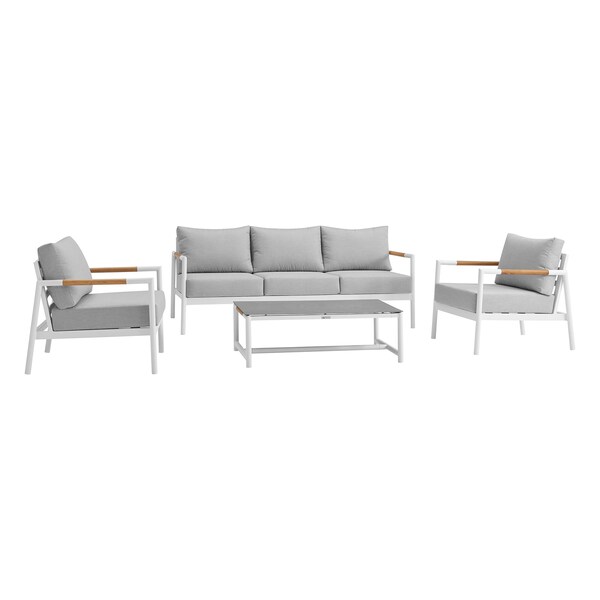 Armen Living Royal 4 Piece White Aluminum and Teak Outdoor Seating Set with Light Gray Cushions - 840254332874