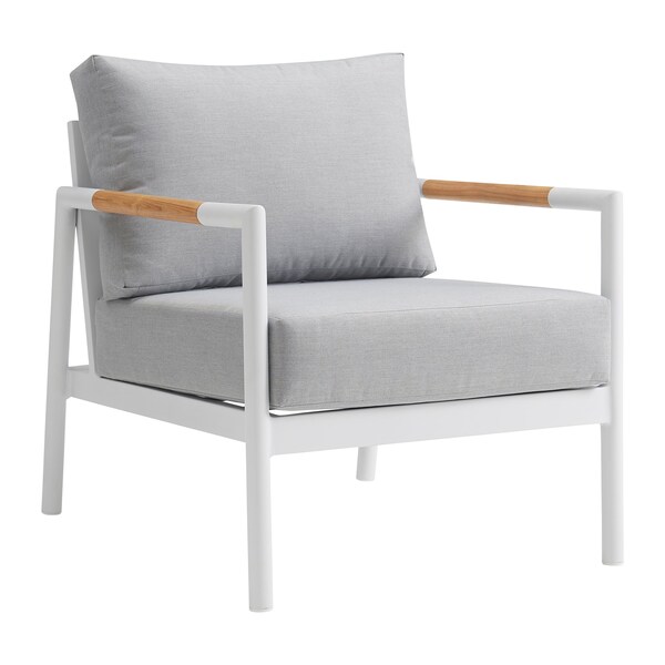 Armen Living Royal 4 Piece White Aluminum and Teak Outdoor Seating Set with Light Gray Cushions - 840254332874