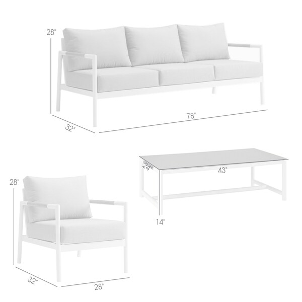 Armen Living Royal 4 Piece White Aluminum and Teak Outdoor Seating Set with Light Gray Cushions - 840254332874