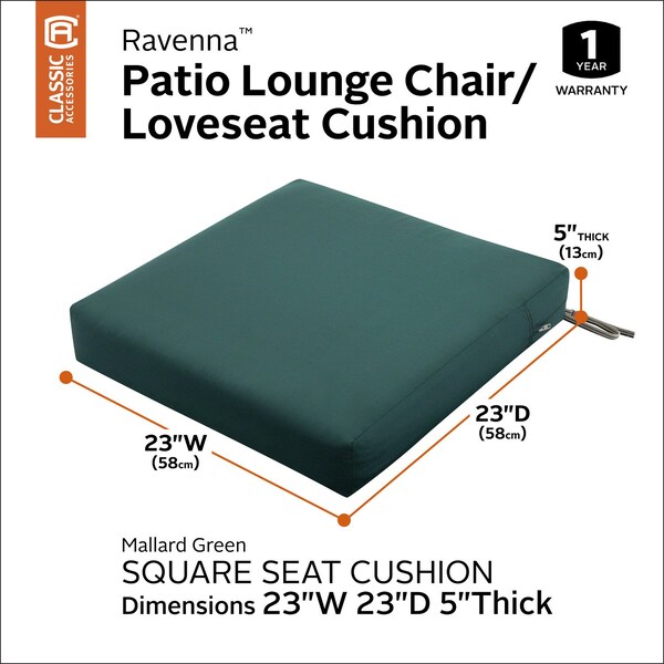 Classic Accessories Ravenna Seat Cushion, Mallard Green, 23"x23"x5" - 62-019-MGREEN-EC