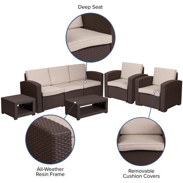 Flash Furniture 5 Piece Chocolate Brown Outdoor Faux Rattan Set - DAD-SF-113RS-CBN-GG